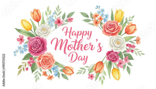 Happy Mother's Day Floral Wreath Watercolor Illustration for Greeting Cards and Spring Holiday Celebrations