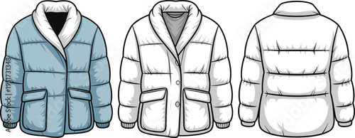 Women puffer jacket with shawl collar technical fashion sketch front and back view vector clothing design
