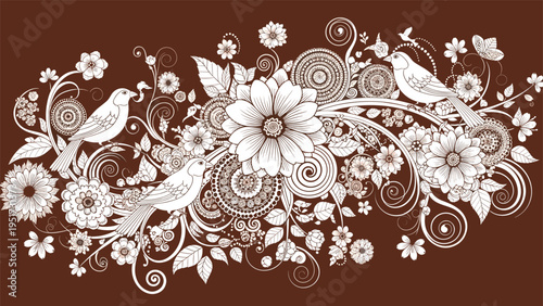 An elaborate and ornate floral illustration featuring a dense arrangement of white flowers, leaves, and intricate swirls, with several birds perched amidst the foliage, on a rich brown background.