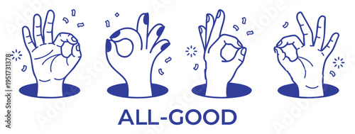 Okay sign hand gesture line art icons. Blue outline all good positive symbols. Business communication doodle element layout. EPS vector graphic illustration for presentation. 
