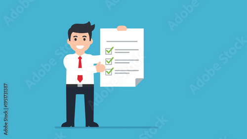 Successful businessman proudly displaying a completed checklist document with green checkmarks indicating task completion and progress.