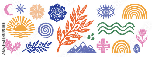 Bohemian mystic doodle nature elements. Colorful sun and moon line art icons. Floral branch and magic eye EPS vector graphics. Retro flat silhouette print layout illustration. 