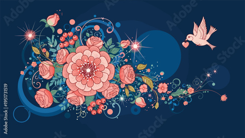 A magnificent and ornate floral illustration featuring a lush arrangement of pink roses, berries, and intricate swirls, with a graceful bird flying and carrying a heart, all on a dark blue background.