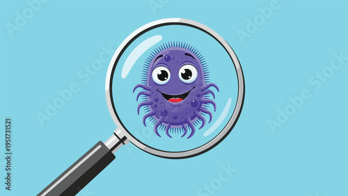A playful cartoon illustration of a happy purple virus or bacteria character with tentacles, cheerfully magnified under a large magnifying glass, on a bright blue background.