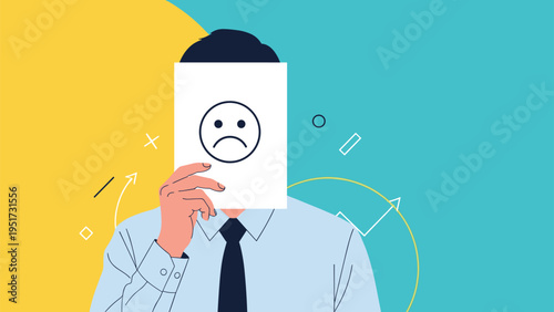 Depressed office worker hiding their true identity behind a paper mask with a sad face drawing on a colorful background.