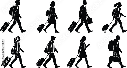 Silhouettes of diverse travelers walking with luggage in airport terminal, representing modern travel, tourism, business, and lifestyle journey