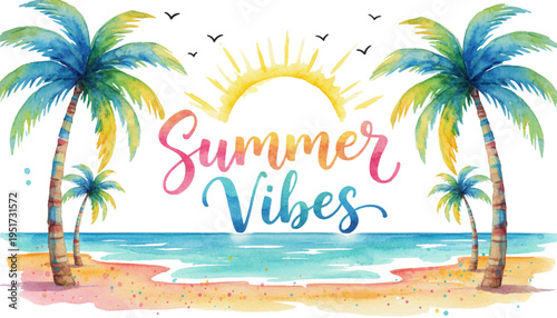 Happy Summer Vibes Tropical Beach Scene with Palm Trees and Sunny Ocean. Perfect for Vacation, Travel, and Holiday Marketing.