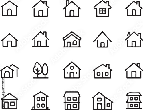 house icon set black and white building silhouettes