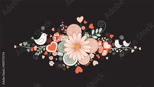 A charming and intricate floral illustration featuring a large central flower, surrounded by swirls, small hearts, and delicate birds perched on vines, all on a dark black background.
