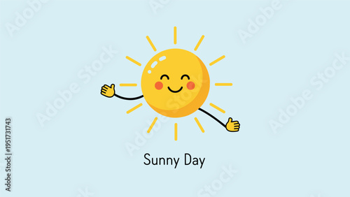 cheerful cartoon sun with a smiling face and waving hands on a light blue background representing a bright and sunny day for children design.