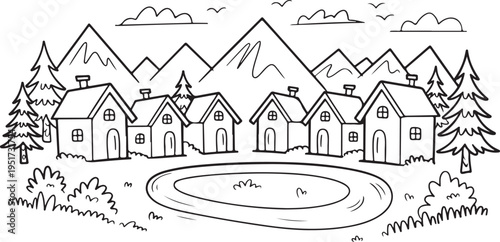 village mountain scene with six houses and winding road