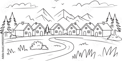 village black and white line drawing of pine trees and homes