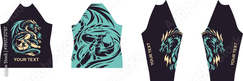 Turquoise and Cream Dragon and Female Warrior Rash Guard Design Template with Fantasy Character Accents, Vector Artwork Pattern Template Editable, Sports Wear