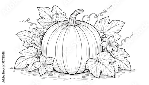 Wholesome Autumn Pumpkin Line Art with Leaves and Vines. Fall Coloring Page, Harvest Craft, Seasonal Decor.