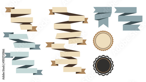 Collection of various vintage style ribbon banners and circular seals in muted tones for graphic design and certificate decoration.