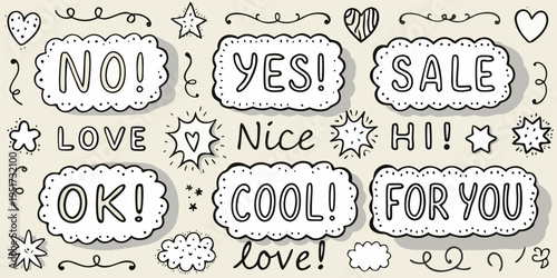 Hand drawn doodle style phrases and decorative elements on a beige background