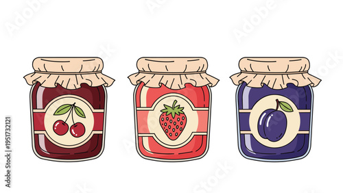 collection of three glass jars filled with homemade fruit jam featuring cherry strawberry and plum labels for kitchen and food packaging.