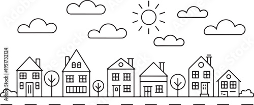 neighborhood suburban street with houses sun and clouds vector