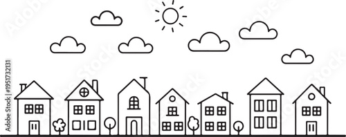 neighborhood residential homes black and white line art vector