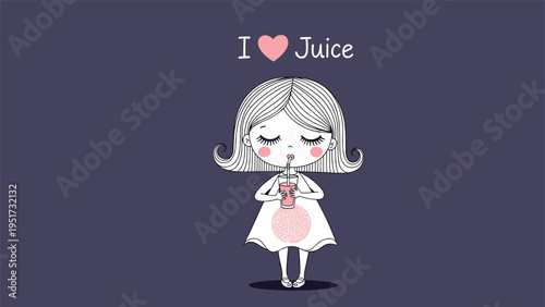 Adorable illustration of a cute cartoon girl with short hair and closed eyes, happily sipping juice through a straw from a cup, with the text "I Love Juice" above her, on a dark background.