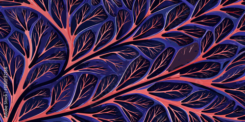 Abstract network of branching coral like structures in deep blue and red