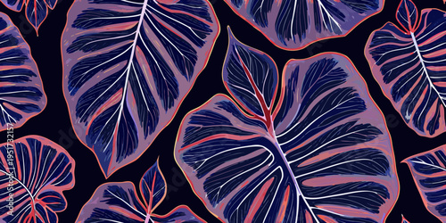 Vibrant tropical monstera leaves in a repeating neon pattern