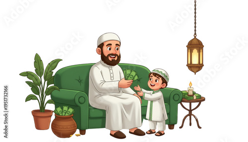 Happy Muslim Father Giving Eidi Cash to Son for Eid Celebration Islamic Family Tradition Generosity and Joy