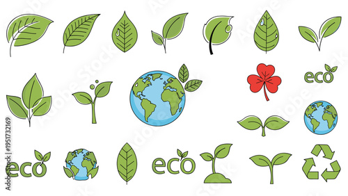 A comprehensive collection of various eco-friendly and environmental icons, including stylized leaves, earth globes, recycling symbols, and clover, rendered in a clean, hand-drawn outline style.