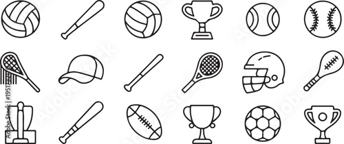 sports outline icons collection of athletic gear and awards