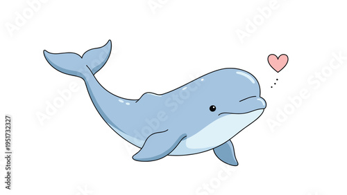 Charming cartoon baby beluga whale with a tiny pink heart above its head, conveying cuteness and affection on a clean white background.