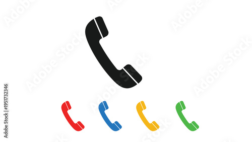 Set of telephone receiver icons in various vibrant colors including black, red, blue, yellow, and green, isolated on a white background.