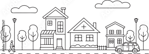 neighborhood line drawing of houses street sidewalk trees and car