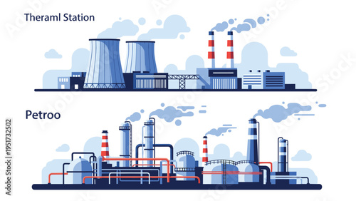 Comprehensive illustration of a thermal power station and a petrochemical refinery, showing industrial structures and smoke emissions in a landscape.