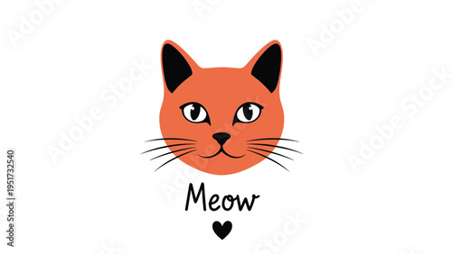 Minimalistic illustration of an orange cat's head with big eyes and whiskers, with the word Meow and a small black heart below it.