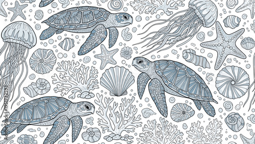 Detailed seamless pattern showcasing various sea turtles, jellyfish, starfish, coral, and seashells in muted blue and grey tones on white.