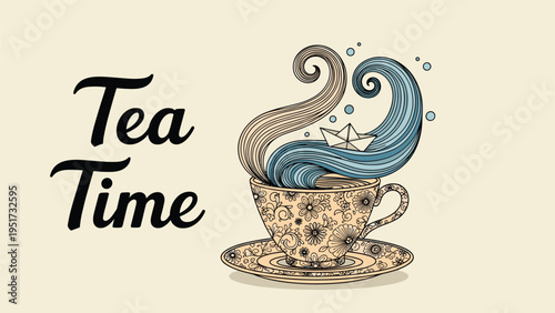 Whimsical Tea Time illustration depicting a teacup with intricate floral patterns, from which steam rises to form waves with a small paper boat.