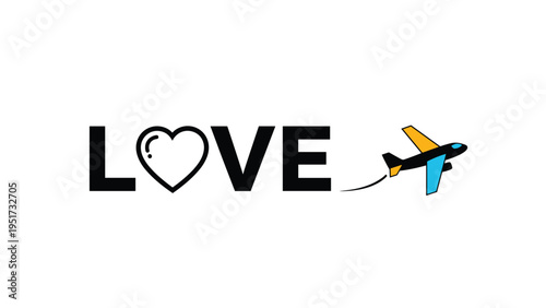 Minimalist illustration with the word LOVE featuring a heart symbol, and a colorful airplane flying away, symbolizing travel and romance.