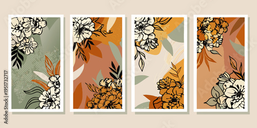 Botanical wall art featuring abstract floral designs in warm tones