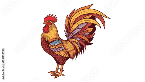 Detailed and colorful illustration of a proud rooster, showcasing its vibrant feathers in shades of red, orange, and yellow, on a white background.