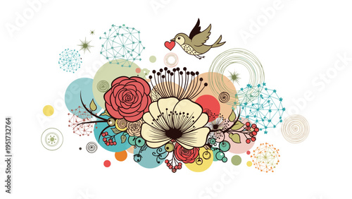 Vibrant floral arrangement featuring colorful flowers and berries, surrounded by abstract geometric shapes and a bird carrying a heart.