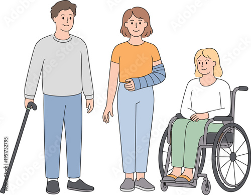 Diverse People with Physical Disabilities and Injuries, Concept of Medical Recovery and Healthcare Support, Inclusion Individuals, and Personal Health Rehabilitation Journey Vector Illustration