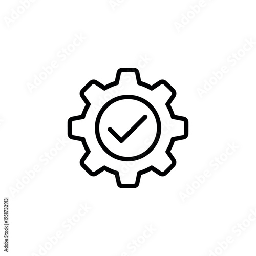 A simple black and white icon of a gear with a checkmark
