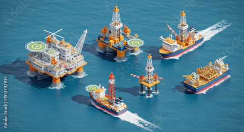Miniature Oil Rigs and Support Vessels in a Watery Display.