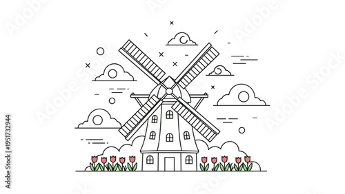 intricate line art illustration of a windmill set against a backdrop of clouds and a row of tulips at the bottom for a classic dutch scenery.