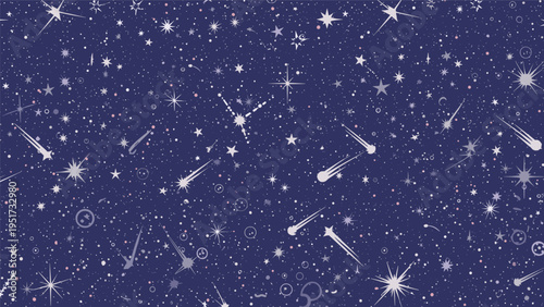 Dreamy seamless pattern featuring numerous stars, starbursts, and shooting stars scattered across a deep blue night sky background.