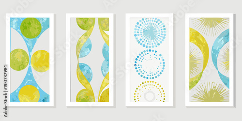 Four abstract watercolor paintings displayed in matching white frames