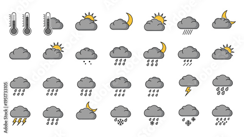 Comprehensive collection of weather forecast icons featuring thermometers, sun, moon, clouds, rain, snow, and lightning symbols.