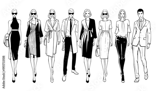 A group of fashionably dressed people walking in a line illustration