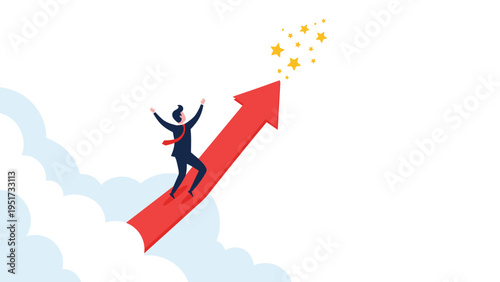 Ambitious businessman flying through the clouds on a giant rising red arrow reaching for the stars of success and high goals.