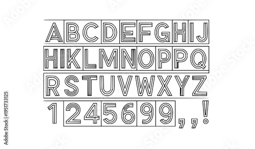 A vector graphic illustration of a stylized alphabet and numbers font